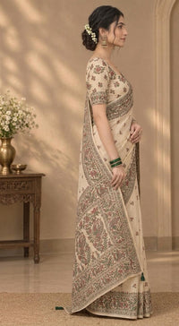 Elegant Beige Linen Cotton Saree with Traditional Floral & Peacock Kalamkari Printed Border