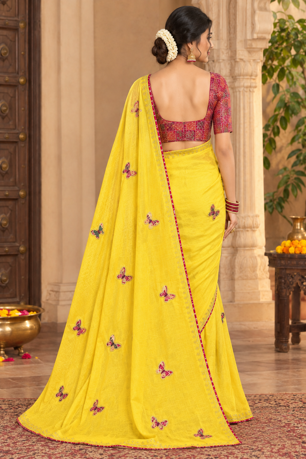 Yellow Butterfly Embroidered Saree with Printed Contrast Blouse