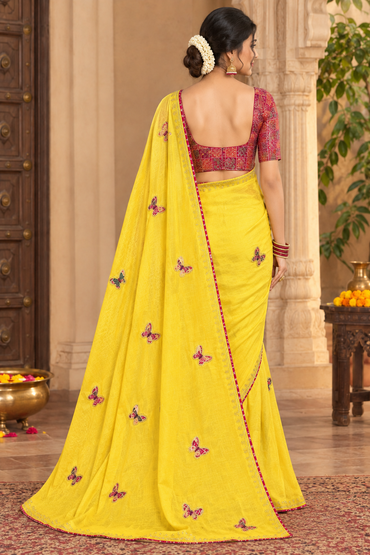 Yellow Butterfly Embroidered Saree with Printed Contrast Blouse