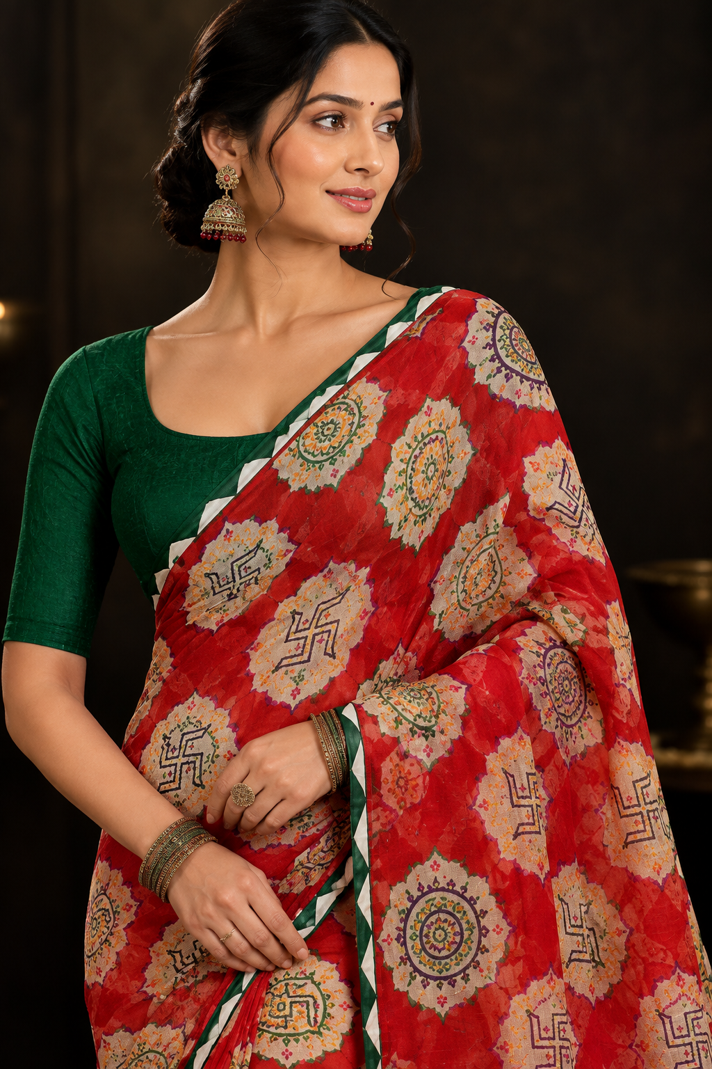 Elegant Red Soft Georgette Printed Saree with Contrast Green Border & Blouse