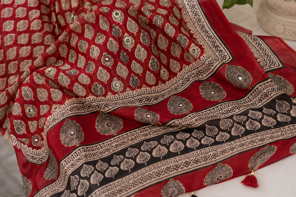 Maroon Block Print Linen Cotton Saree with Mirror Work & Pallu Tassels
