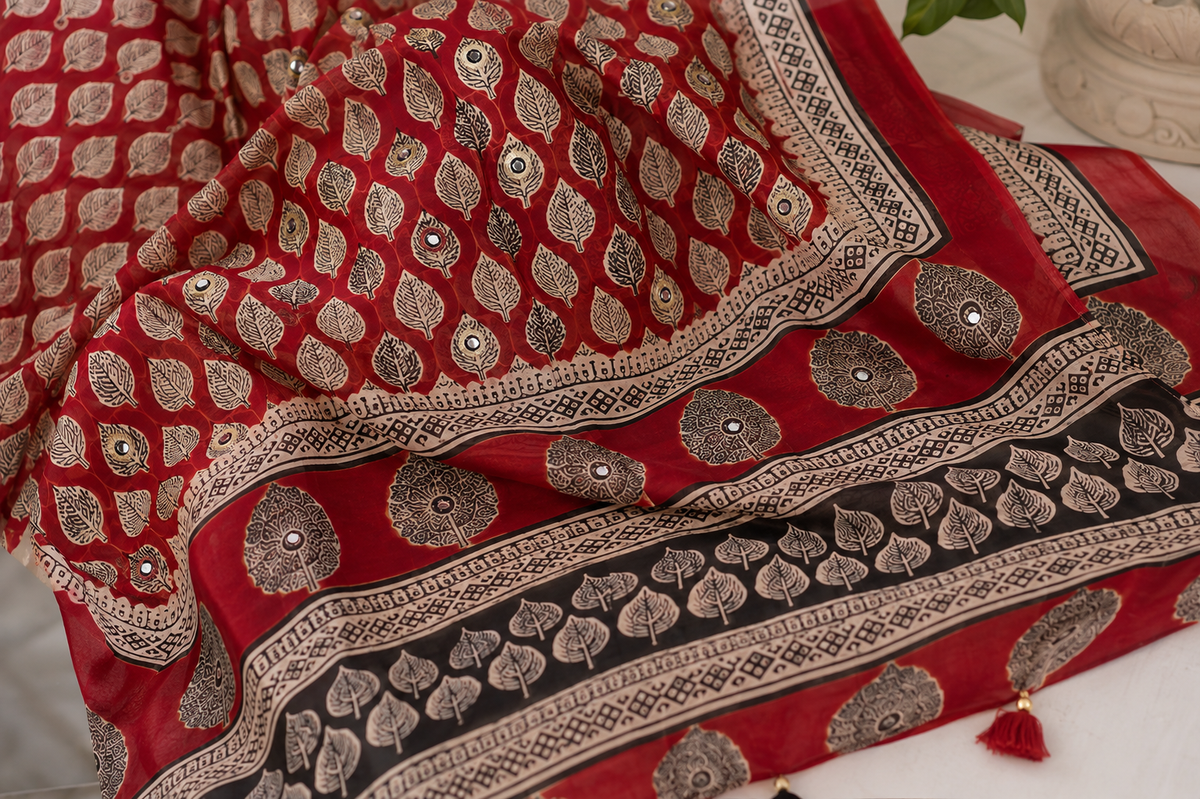 Maroon Block Print Linen Cotton Saree with Mirror Work & Pallu Tassels