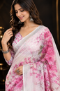Party Wear Heavy Linen Cotton Designer Saree with Floral Digital Print, Printed Pallu & Tassel Latkans