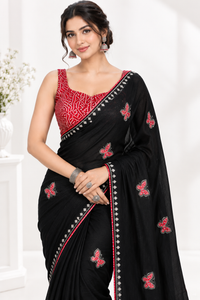 Stunning Black Soft Chinon Silk Saree with Red Butterfly Motifs & Siroski Work
