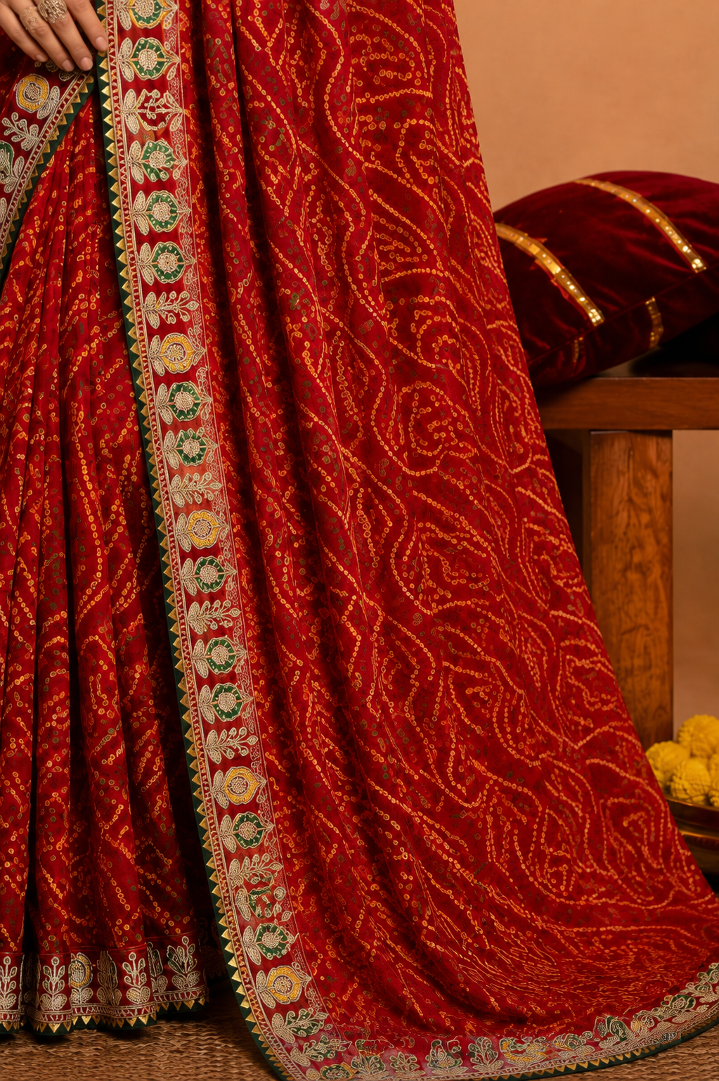 Traditional Red Georgette Bandhej Printed Saree with Designer Embroidered Border