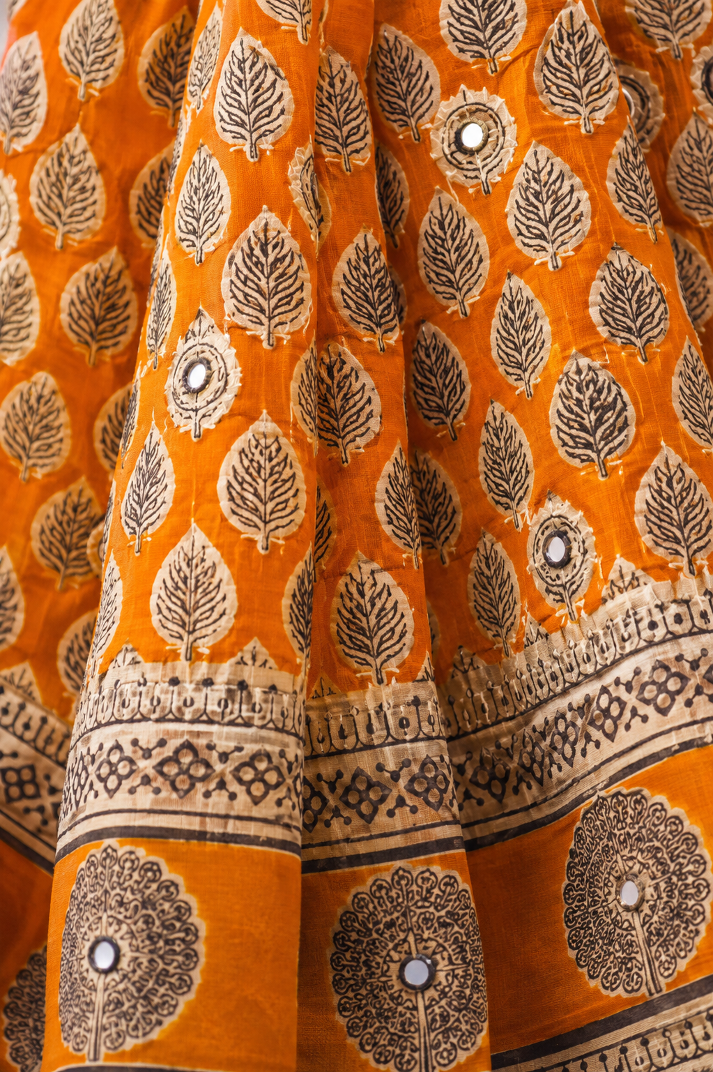 Vibrant Mustard Yellow Linen Cotton Block Print Saree with Mirror Work | Ethnic Festival & Casual Wear Saree