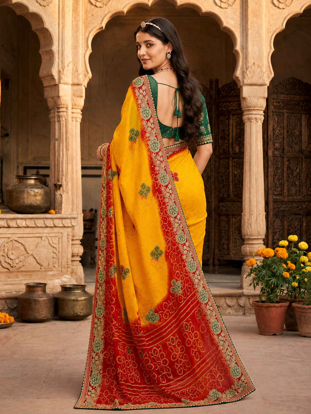 Premium Dual-Shade Soft Georgette Festive Saree with Detailed Embroidery Border for Haldi & Wedding Functions
