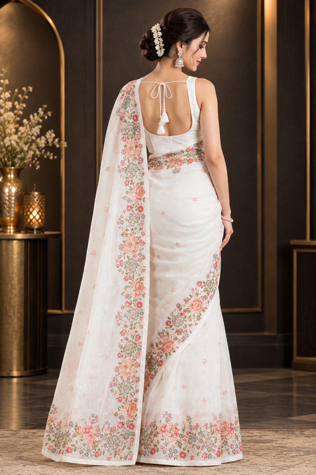 Luxury Pristine White Heavy Linen Cotton Saree with Multi-Color Floral Threadwork Border