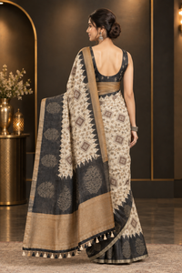 Premium Off-White Heavy Linen Cotton Saree with Contrast Black Temple Border & Golden Zari Pallu