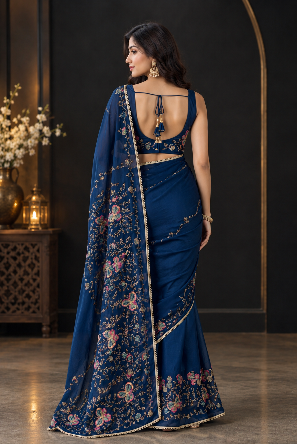 Royal Navy Blue Soft Star Georgette Saree with Colorful Butterfly Embroidery Work