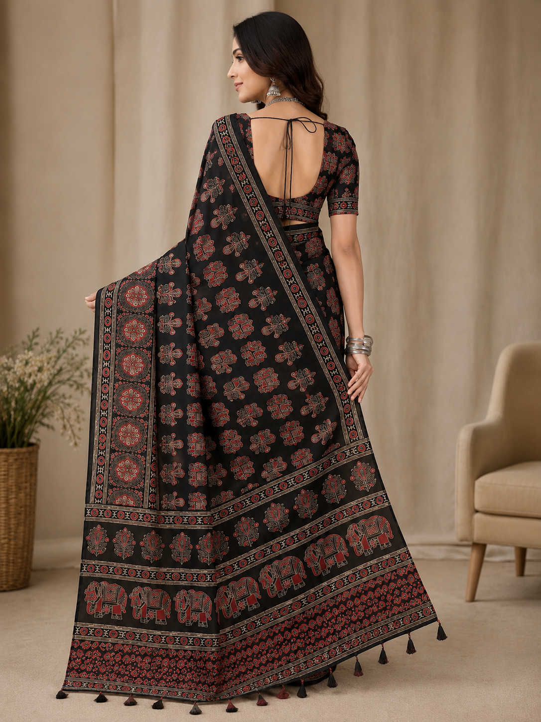 Black Soft Crap Saree with Ajrak Print & All-Over Mirror Work | Traditional Printed Saree with Designer Pallu