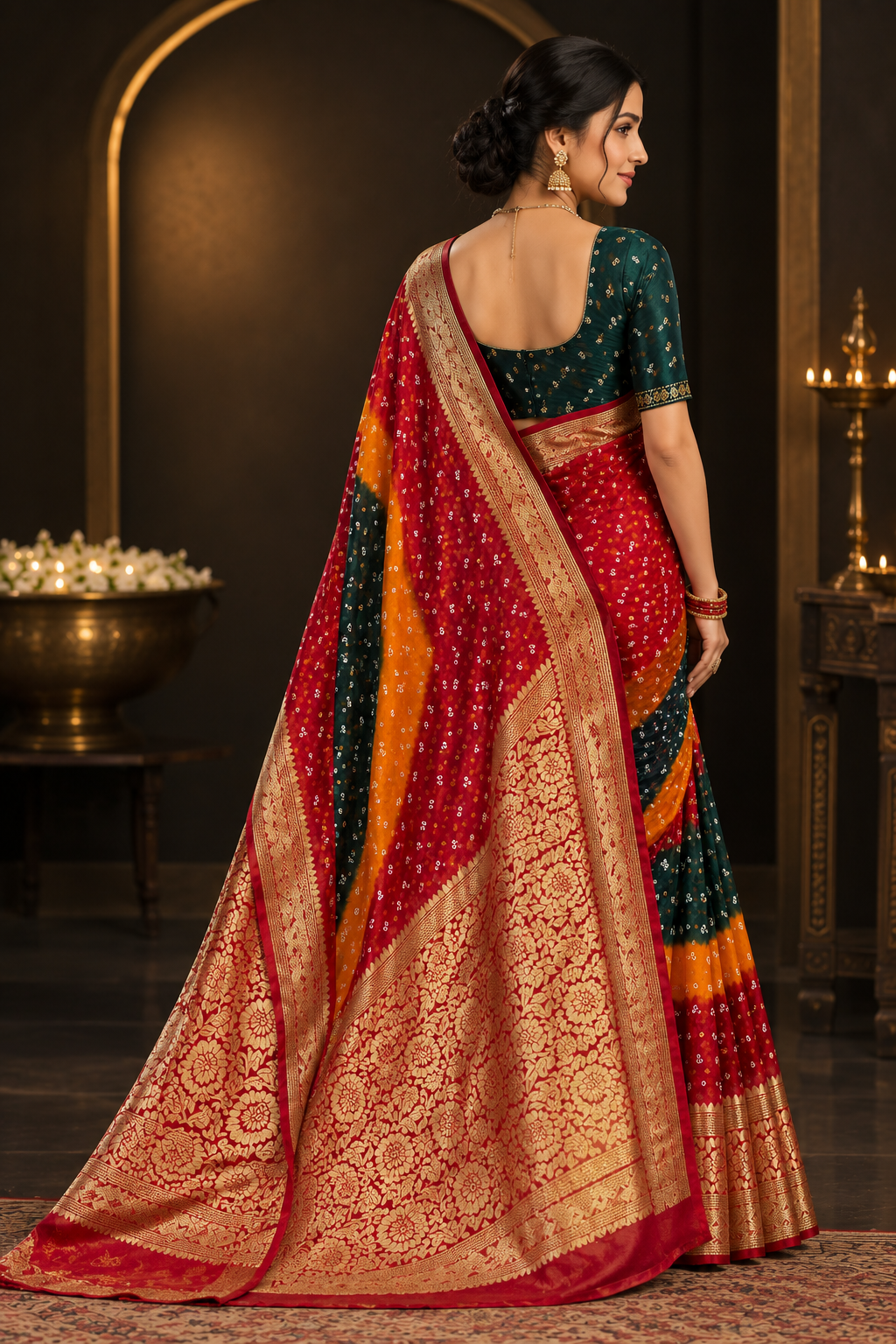 Royal Multicolor Soft Dola Art Silk Bandhani Saree with Rich Golden Zari Weaved Border & Pallu