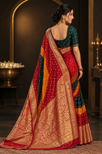 Royal Multicolor Soft Dola Art Silk Bandhani Saree with Rich Golden Zari Weaved Border & Pallu