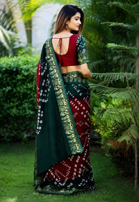Elegant Maroon & Bottle Green Viscose Dola Silk Bandhej Saree with Fine Self-Jacquard Weaving