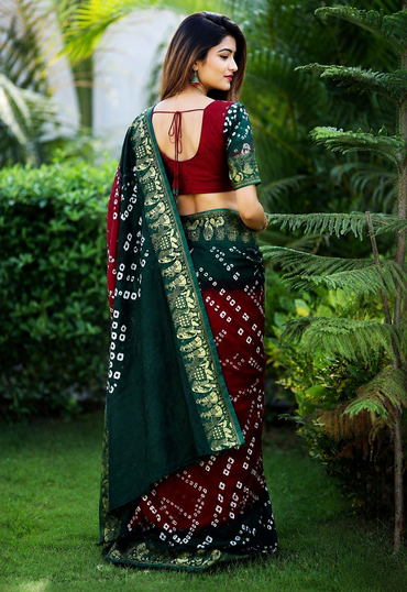 Elegant Maroon & Bottle Green Viscose Dola Silk Bandhej Saree with Fine Self-Jacquard Weaving