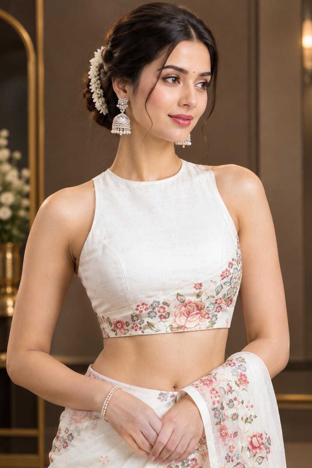 Luxury Pristine White Heavy Linen Cotton Saree with Multi-Color Floral Threadwork Border