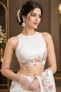 Luxury Pristine White Heavy Linen Cotton Saree with Multi-Color Floral Threadwork Border