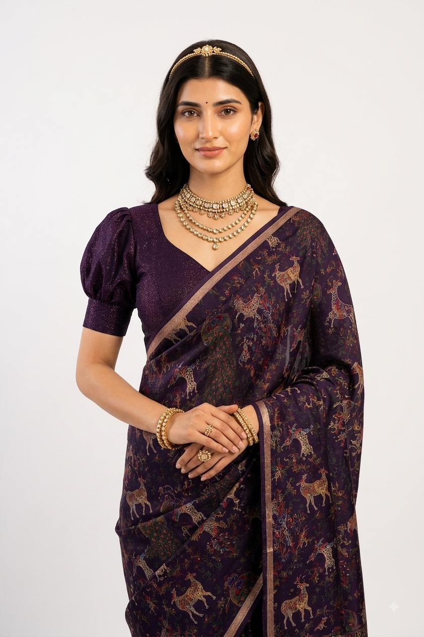 Premium Royal Purple Soft Silk Saree featuring Traditional Printed Motifs and Silver Zari Border