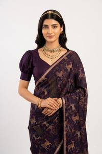 Premium Royal Purple Soft Silk Saree featuring Traditional Printed Motifs and Silver Zari Border