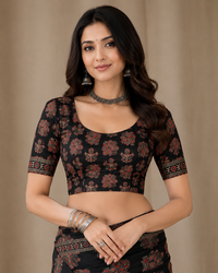 Black Soft Crap Saree with Ajrak Print & All-Over Mirror Work | Traditional Printed Saree with Designer Pallu