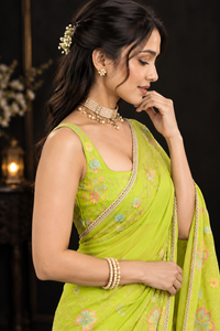 Lime Green Soft Georgette Saree with Delicate Pastel Floral Embroidery & Designer Border