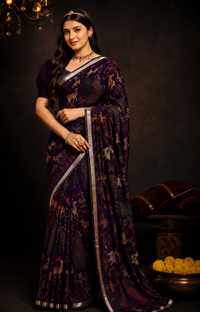 Premium Royal Purple Soft Silk Saree featuring Traditional Printed Motifs and Silver Zari Border