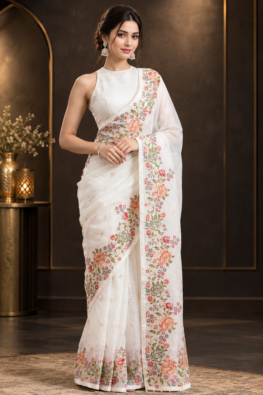 Luxury Pristine White Heavy Linen Cotton Saree with Multi-Color Floral Threadwork Border