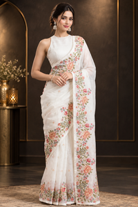 Luxury Pristine White Heavy Linen Cotton Saree with Multi-Color Floral Threadwork Border
