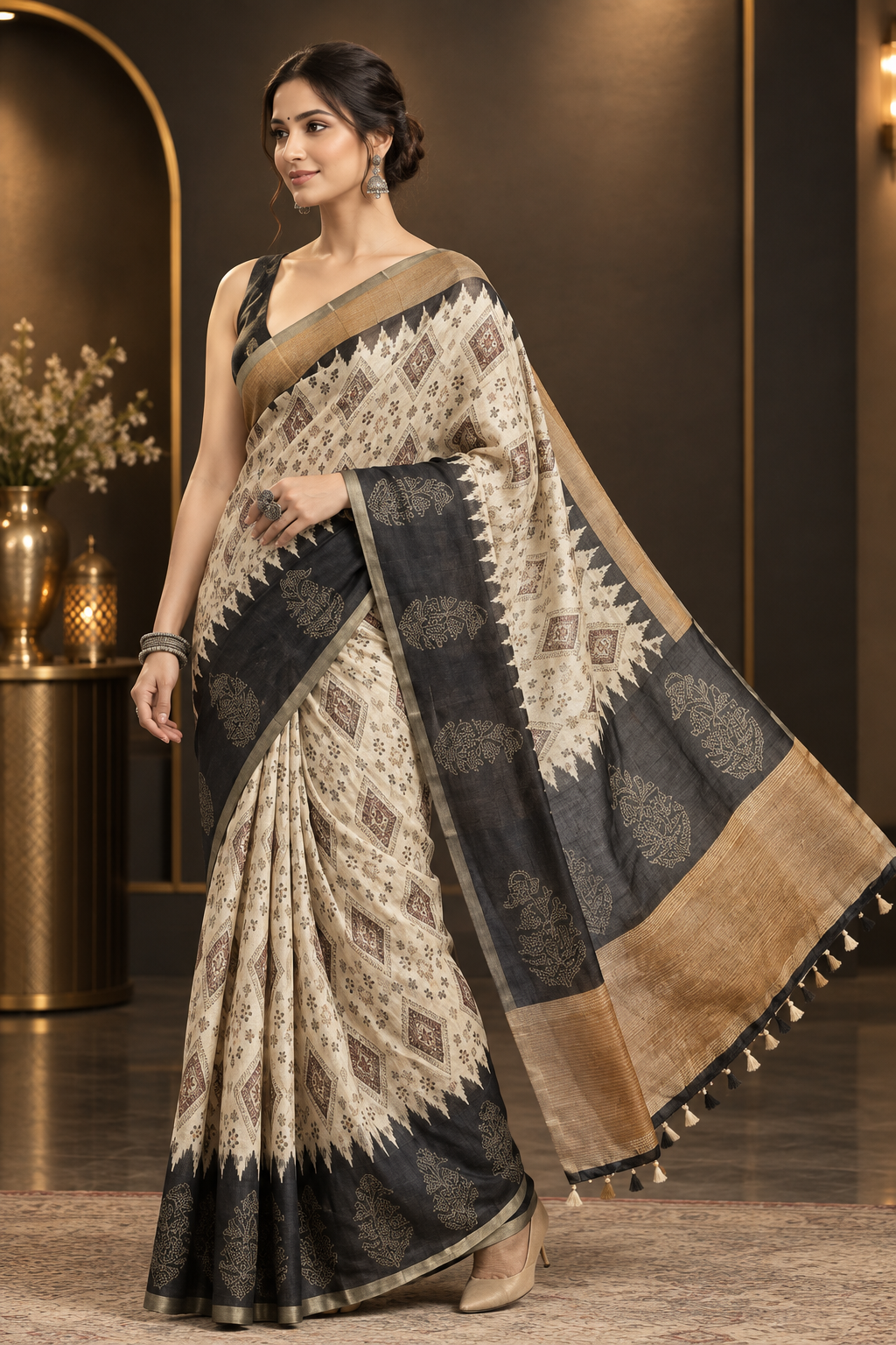 Premium Off-White Heavy Linen Cotton Saree with Contrast Black Temple Border & Golden Zari Pallu