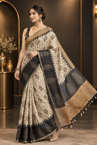 Premium Off-White Heavy Linen Cotton Saree with Contrast Black Temple Border & Golden Zari Pallu
