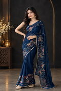 Royal Navy Blue Soft Star Georgette Saree with Colorful Butterfly Embroidery Work