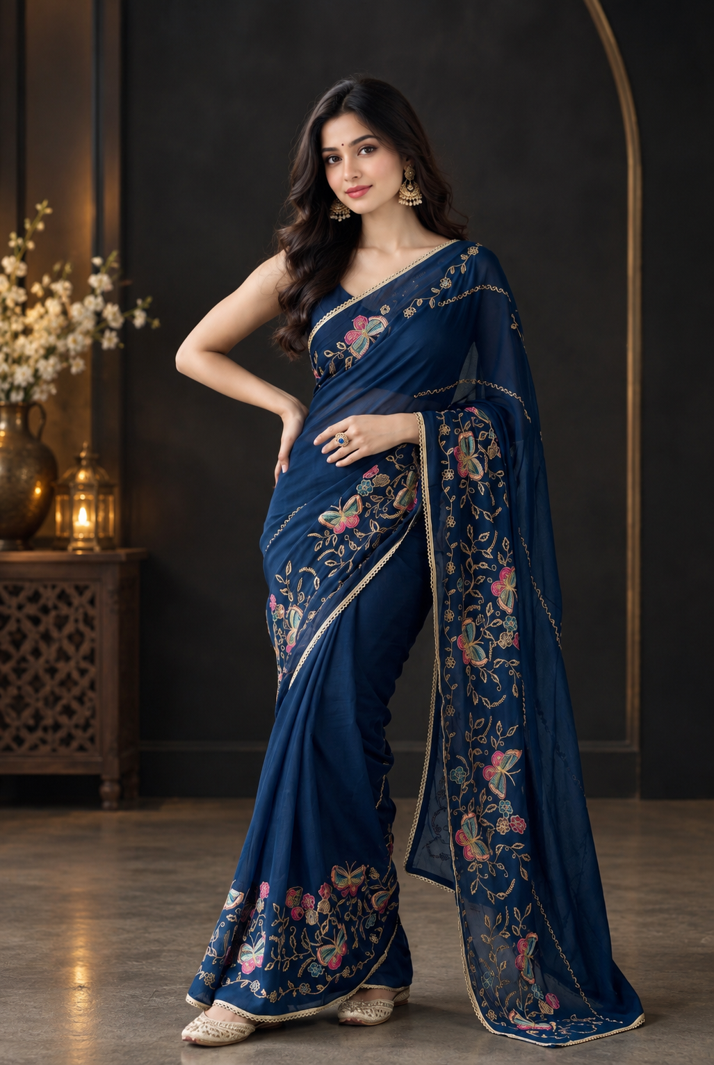 Royal Navy Blue Soft Star Georgette Saree with Colorful Butterfly Embroidery Work