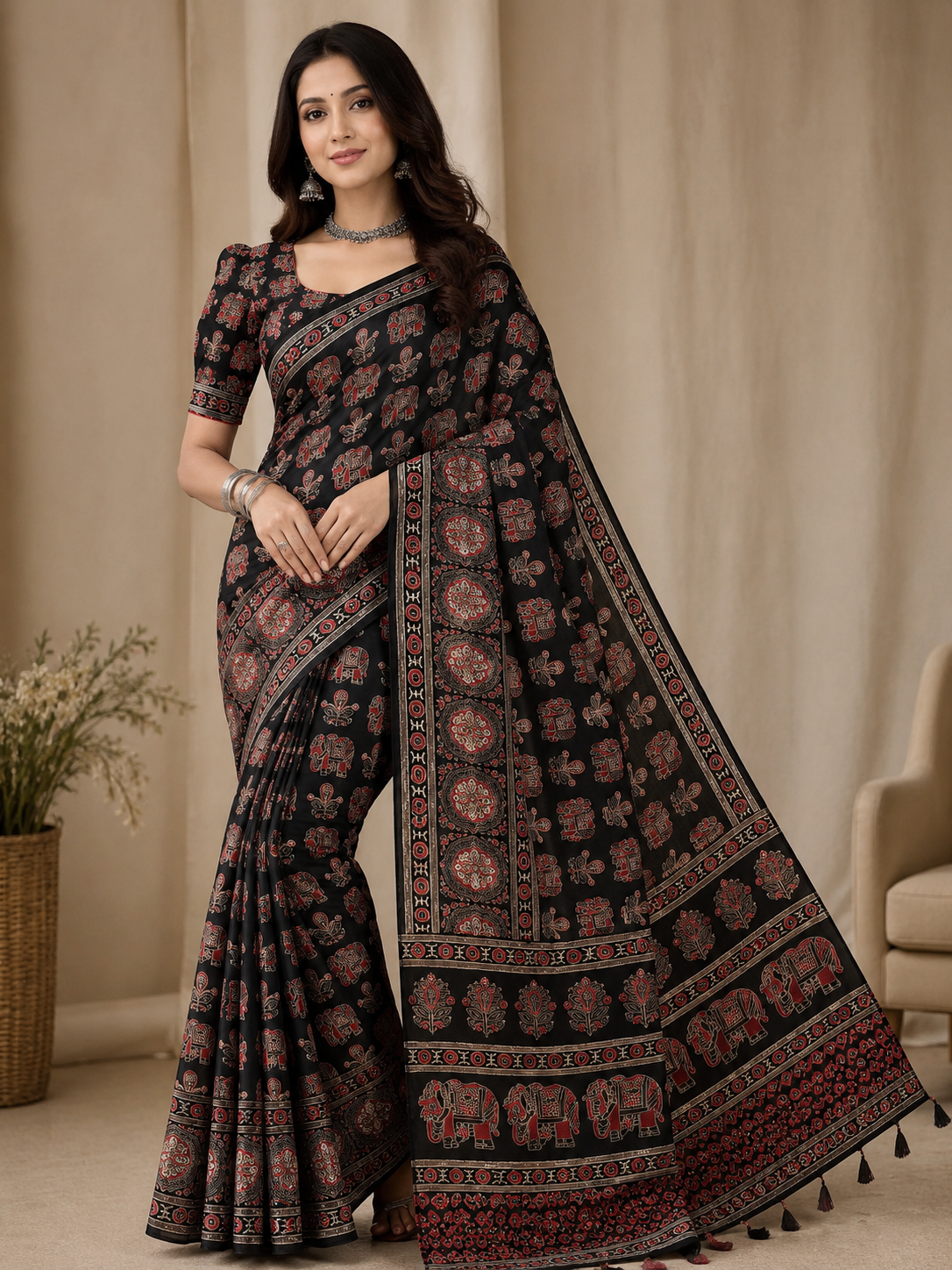 Black Soft Crap Saree with Ajrak Print & All-Over Mirror Work | Traditional Printed Saree with Designer Pallu