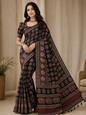 Black Soft Crap Saree with Ajrak Print & All-Over Mirror Work | Traditional Printed Saree with Designer Pallu