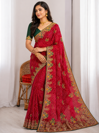 Elegant Red Heavy Soft Georgette Saree with Intricate Embroidery Work & Designer Border