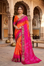 Vibrant Orange & Pink Dola Silk Bandhej Saree with Jacquard Elephant Border