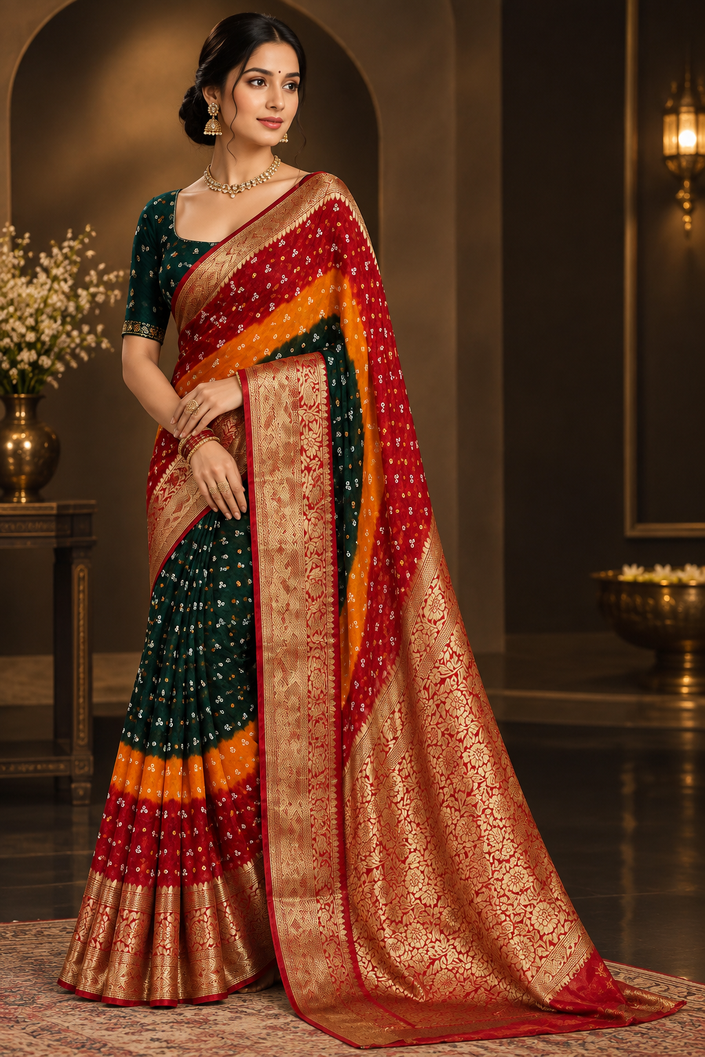 Royal Multicolor Soft Dola Art Silk Bandhani Saree with Rich Golden Zari Weaved Border & Pallu