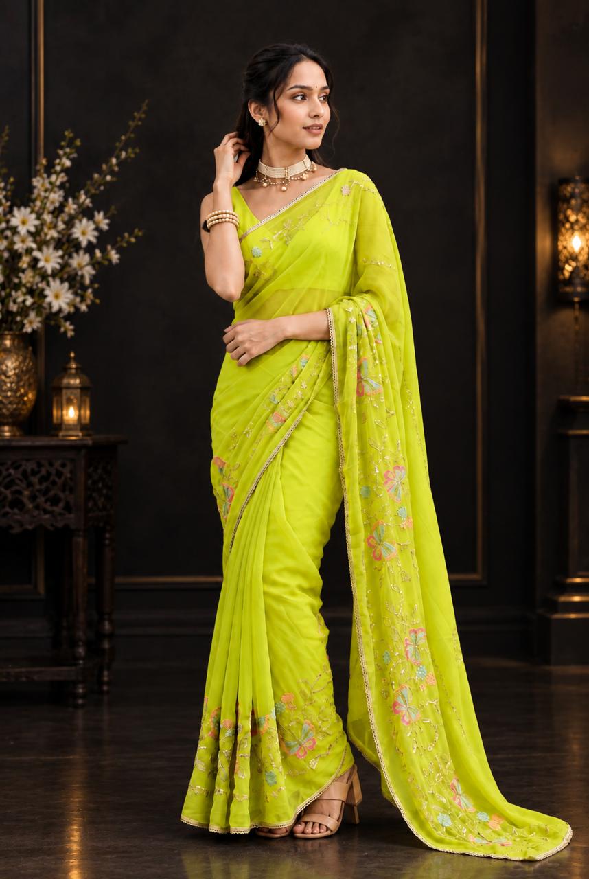 Lime Green Soft Georgette Saree with Delicate Pastel Floral Embroidery & Designer Border