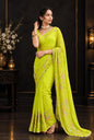 Lime Green Soft Georgette Saree with Delicate Pastel Floral Embroidery & Designer Border