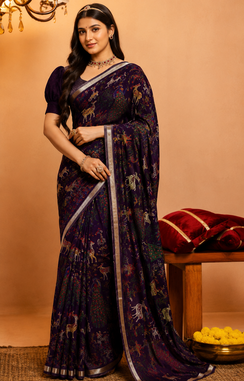Premium Royal Purple Soft Silk Saree featuring Traditional Printed Motifs and Silver Zari Border