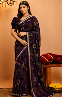 Premium Royal Purple Soft Silk Saree featuring Traditional Printed Motifs and Silver Zari Border