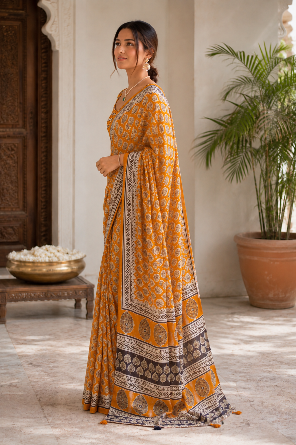 Vibrant Mustard Yellow Linen Cotton Block Print Saree with Mirror Work | Ethnic Festival & Casual Wear Saree