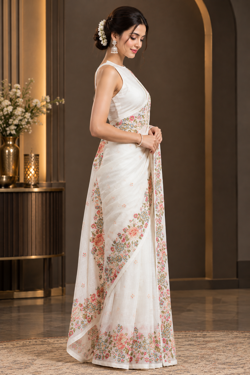 Luxury Pristine White Heavy Linen Cotton Saree with Multi-Color Floral Threadwork Border