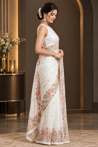 Luxury Pristine White Heavy Linen Cotton Saree with Multi-Color Floral Threadwork Border
