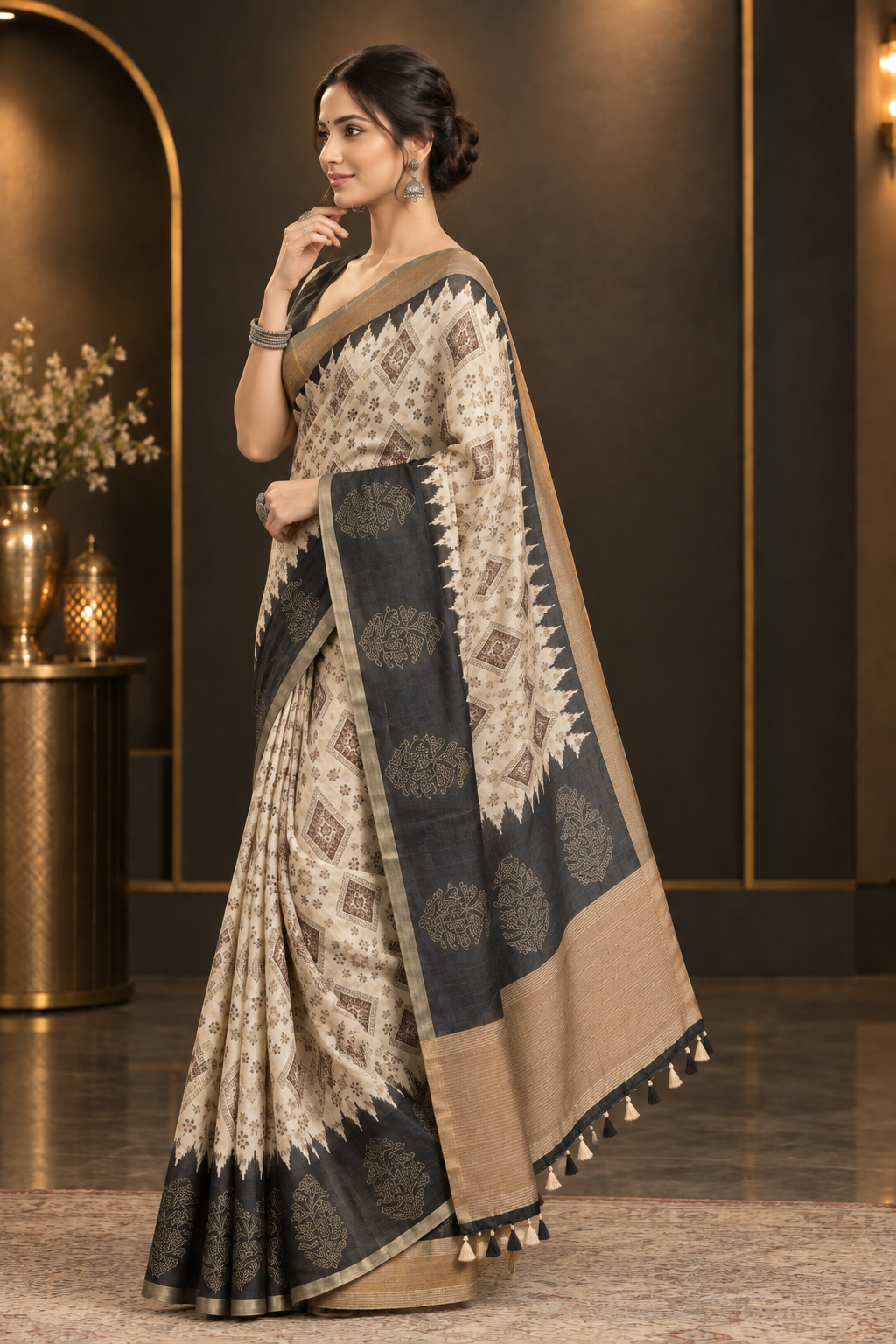 Premium Off-White Heavy Linen Cotton Saree with Contrast Black Temple Border & Golden Zari Pallu