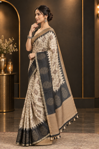 Premium Off-White Heavy Linen Cotton Saree with Contrast Black Temple Border & Golden Zari Pallu