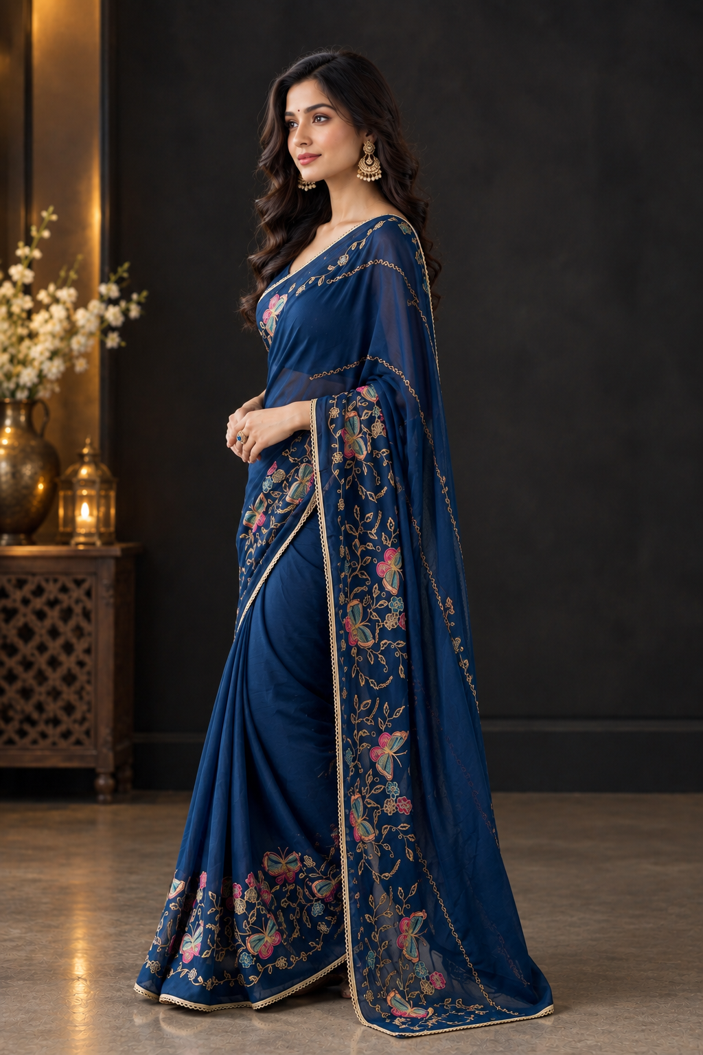 Royal Navy Blue Soft Star Georgette Saree with Colorful Butterfly Embroidery Work