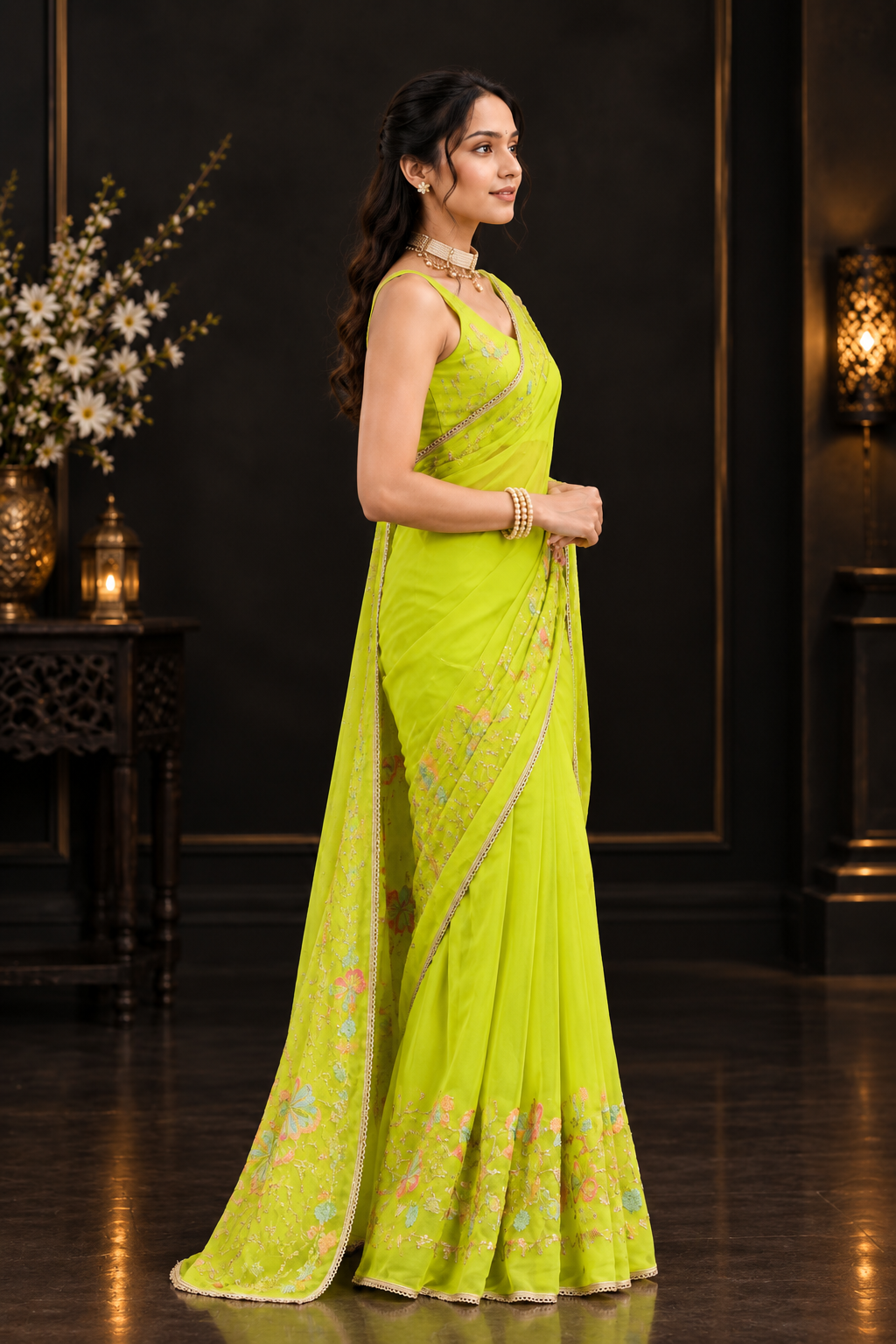 Lime Green Soft Georgette Saree with Delicate Pastel Floral Embroidery & Designer Border
