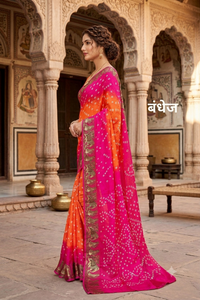 Vibrant Orange & Pink Dola Silk Bandhej Saree with Jacquard Elephant Border