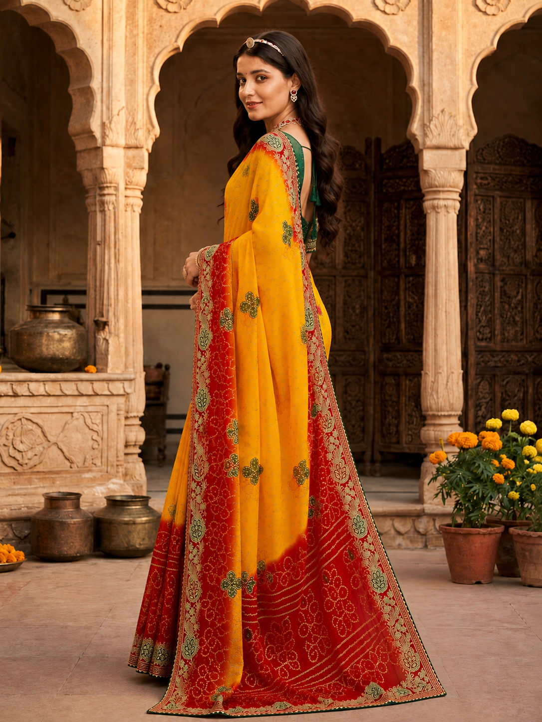 Premium Dual-Shade Soft Georgette Festive Saree with Detailed Embroidery Border for Haldi & Wedding Functions
